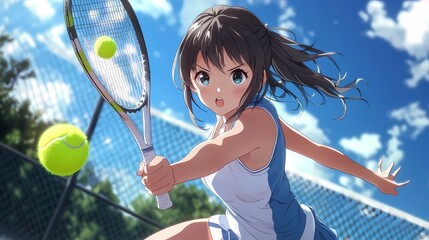 Anime Tennis Girl: Dynamic Pose, Sunny Day