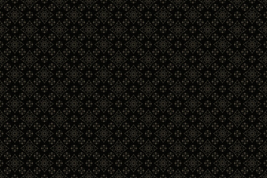 Abstract geometric seamless pattern with Thai style flower outline in gray brown n gold on black background. Vector illustration for masculine male shirt lady dress textile cover wallpaper decoration 