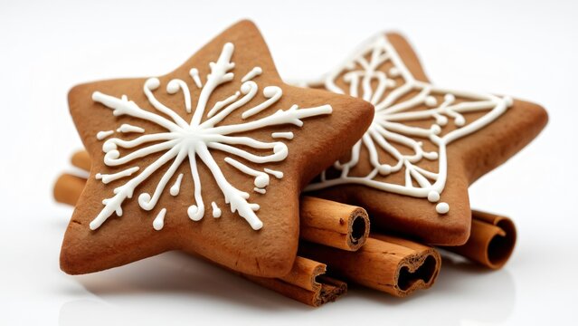 Festive Star-Shaped Gingerbread Cookies with Intricate White Icing on Cinnamon Sticks - Holiday Baking Product Photography