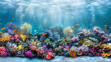 Vibrant underwater scene showcasing diverse coral reefs and colorful fish.