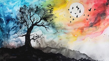 Ink Landscape Painting - a serene and traditional visual. The elegant brushstrokes capture the essence of natural beauty and timeless artistic expression