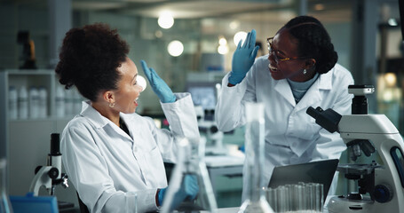 Scientist, women and high five with microscope for celebration, experiment and pathology...