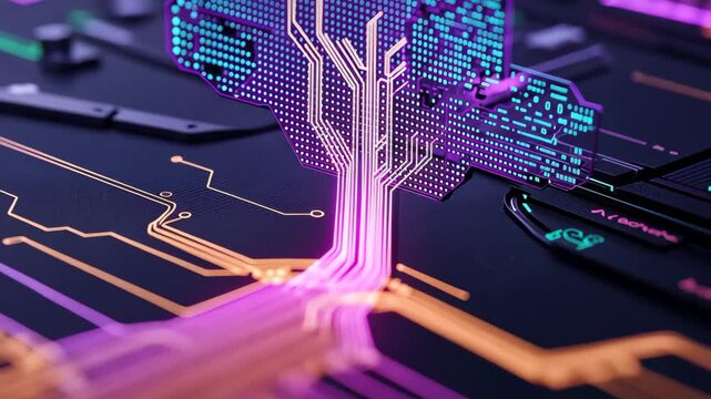Glowing purple circuit paths into tree nature shape on electronic motherboard, Digital technology network connection concept