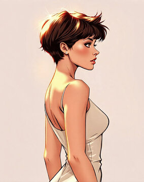 A fashionable woman with medium-cut hair. Comic Artwork.