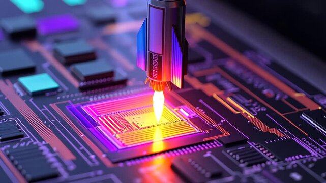 Miniature rocket booster igniting on circuit board, Technology startup launch concept