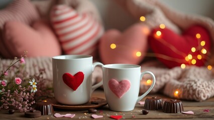 Romantic Valentine's Day Still Life, Coffee Mugs, Hearts, and Chocolates