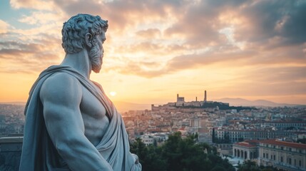 Majestic Stone Statue overlooking a picturesque Cityscape under a Cloudy Sky a breathtaking view of architecture and nature.