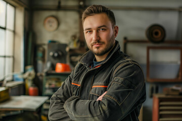Obraz premium Skilled caucasian young male artisan in workshop with crossed arms