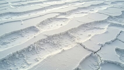 Close-up Aerial View of White Salt Flat Desert Texture, Cracked Fine Powder Surface, Architectural Design Background