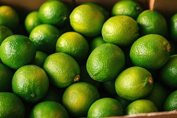 A close-up view of a collection of green limes piled together in a box