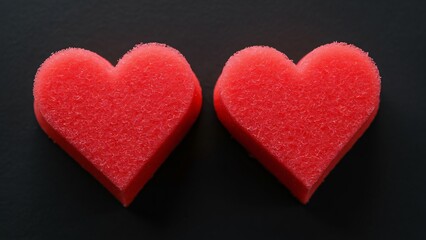 Obraz premium Two Red Heart-Shaped Sponges on Black Background, High-Resolution Studio Shot of Romantic, Textured Cleaning Sponges, Perfect for Valentine's Day or Love-Themed Designs