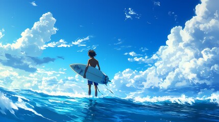 Surfer's Solitude: A Serene Ocean Escape Under a Vast Blue Sky