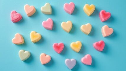 Obraz premium Pastel Heart-Shaped Candies, Valentine's Day Minimalist Flat Lay Pattern