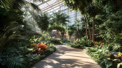 Lush Indoor Tropical Garden with Abundant Greenery and Pathway