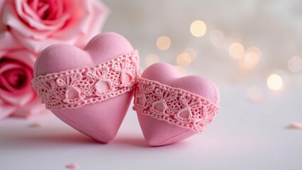 Fototapeta premium Two Pink Fabric Hearts with Lace, Rose & Bokeh Lights - Valentine's Day Decor