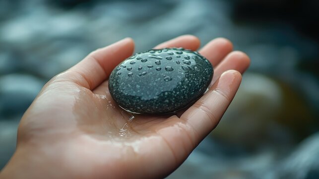 a hand holding a smooth, polished pebble with water droplets glistening on its surface. the background is blurred