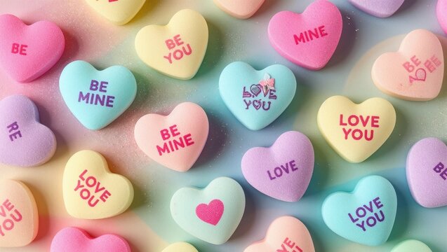colorful conversation heart candies with sweet messages on a pastel background 