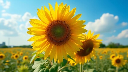 Fototapeta premium Vibrant Sunflower in Full Bloom, Sunny Sky, Flower Field Background - Stunning Summer Nature Photography