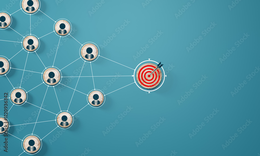 Wall mural red dartboard and red arrow connection linkage with human icon for customer focus target group and c