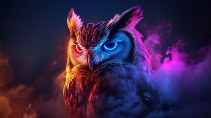 Fototapeta premium Mystical Neon Owl in Smoky Atmosphere: A Digital Art Masterpiece