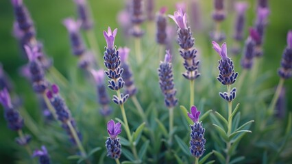Obraz premium Close-Up of Blooming Lavender Flowers, Tranquil Garden Scene with Soft Lighting, Elegant Design Elements