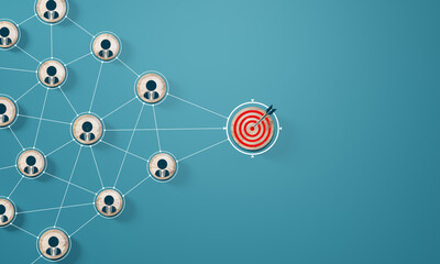 Red dartboard and red arrow connection linkage with human icon for customer focus target group and...