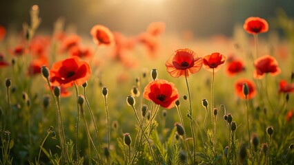 Obraz premium Enchanted Poppy Field, Vibrant Red Flowers Swaying in Golden Sunlight