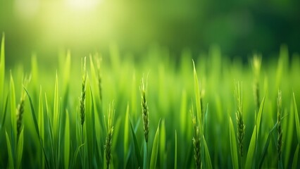 Obraz premium Vibrant Green Spring Rice Seedlings, Close-Up Photo of Lush Young Rice Plants in a Field, Perfect Green Background with Copy Space for Design