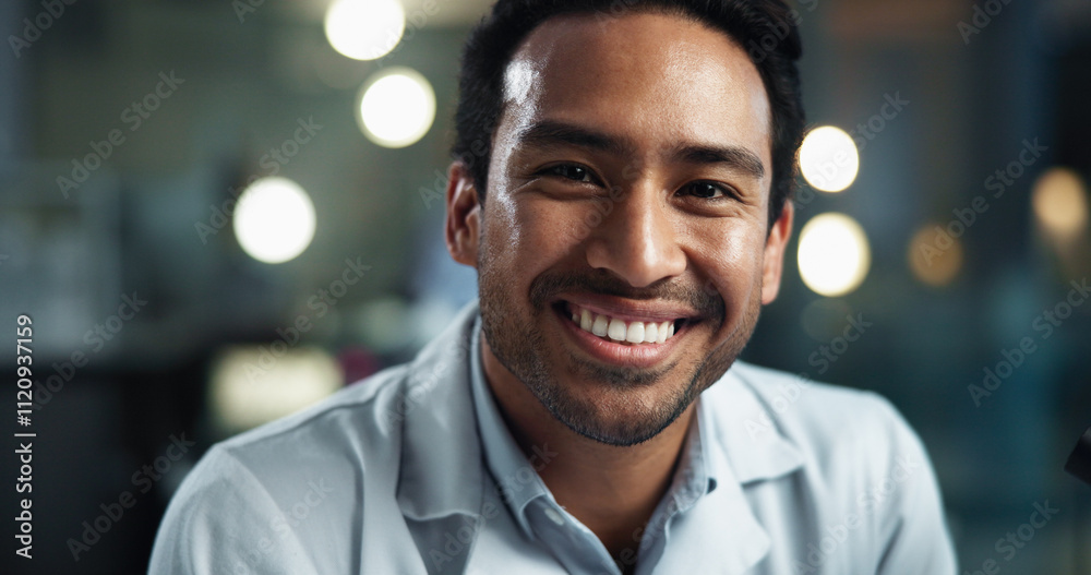 Poster man, scientist and portrait with happy, vaccine work and professional with confidence from research.