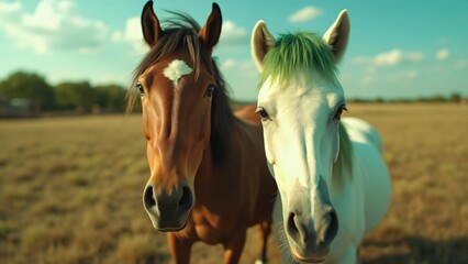 Obraz premium Close-up of Happy Brown Horse and White Pony with Green Manes on Texas Ranch