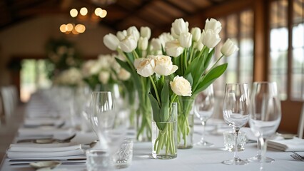 Elegant Wedding Table Setting, White Roses & Tulips in Clear Vases, Restaurant Decor