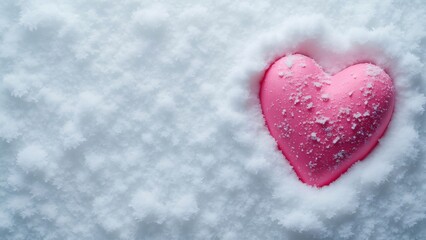 Obraz premium Pink Heart in Snowy Scene, Flat Lay Valentine's Day Image, Romantic Winter Background, Snowy Heart, Winter Love Concept