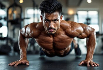 Fototapeta premium Muscular Asian Athlete Doing Pushups in Gym to Improve Physical Fitness