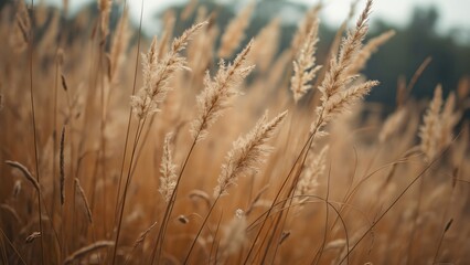 Fototapeta premium Close-up of Tall Brown Grasses Swaying Gently in the Breeze, Autumnal Field, Natural Texture, Golden Hour Light