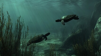 Fototapeta premium Serene Underwater Scene with Sea Turtles Swimming