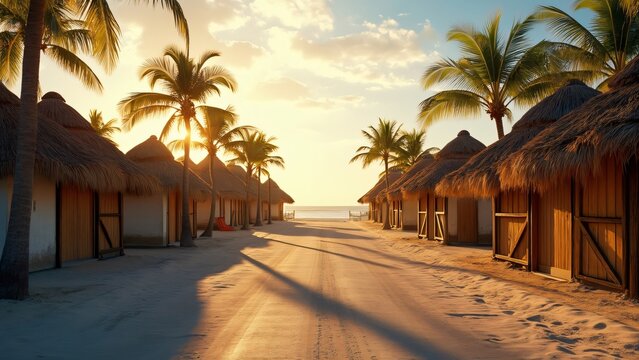 Golden Hour at Manar Bay, Kinderyo-Style Beach Huts, Palm Trees, and Sandy Path to the Ocean