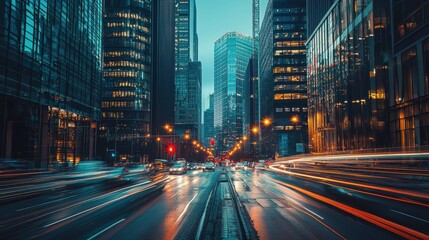 Fototapeta premium Urban Cityscape at Dusk with Vibrant Lights and Motion Blur of Traffic in a Modern Metropolis Surrounded by Skyscrapers and Glass Buildings