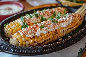 Grilled corn with crema, cotija cheese, and chili powder. Perfect for showcasing Mexican cuisine or summer food.