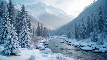 Stunning Winter Wonderland, Snow-Covered Pines, River, & Alpine Mountains