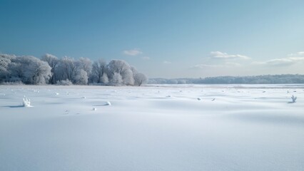 Serene Winter Landscape, Snow Covered Field, Trees, and Clear Blue Sky - Photorealistic Wide Shot