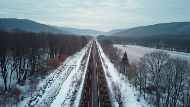 Aerial View, Snowy Catskill Mountains Train Line & Single Lane Road, Winter Scenery
