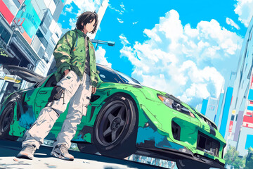 Street racer standing next to their tuned car in anime style. Mockup template with space for text. Background, cover design. racing urban theme banner poster background gaming. Generative Ai content
