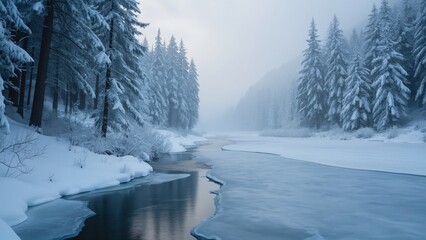 Serene Dawn, Misty BC Creek Frozen in Winter, Snow-Covered Pine Trees