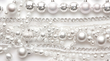 Elegant white and silver Christmas ornaments and pearl strands arranged on a white background. Perfect for holiday decorations, cards, and festive designs.