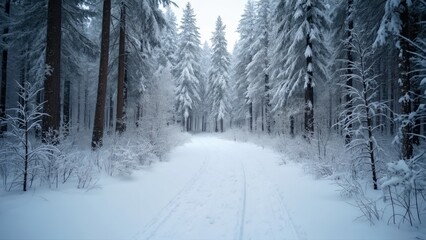Snowy Trail Cross-Country Skiing in Winter Wonderland Forest Scene, Perfect for Winter Sports and Holiday Backgrounds