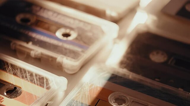 A chill loop of vintage cassette tapes glowing softly, with dynamic light leaks and scratches adding a nostalgic vibe.