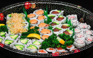 Sushi Roll Party Platter with Spicy Tuna, Avocado, and Crunchy Rolls