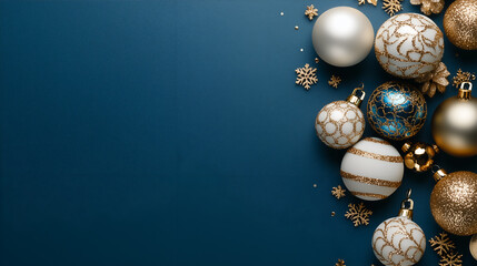Elegant look for Christmas decoration with luxurious Christmas balls on blue background, gold snowflake,Generative AI illustration