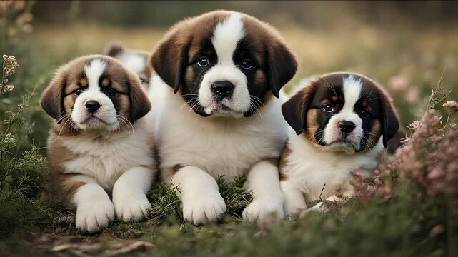 saint bernard puppy three little kittens video dog kitten 4k cat love friends care breed baby fun lawn sweet fur pedigree friendship st summer grey cute portrait tabby family small funny lying