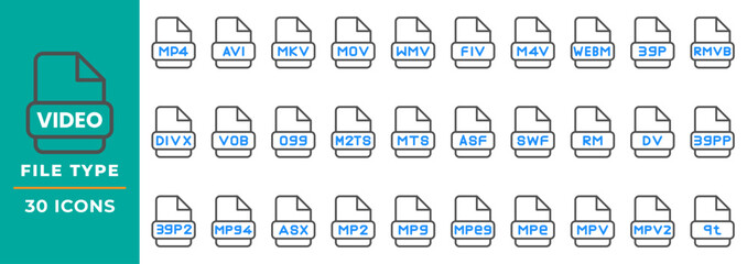 Set video document file type color outline icon. can be used for website, ui and mobile app.